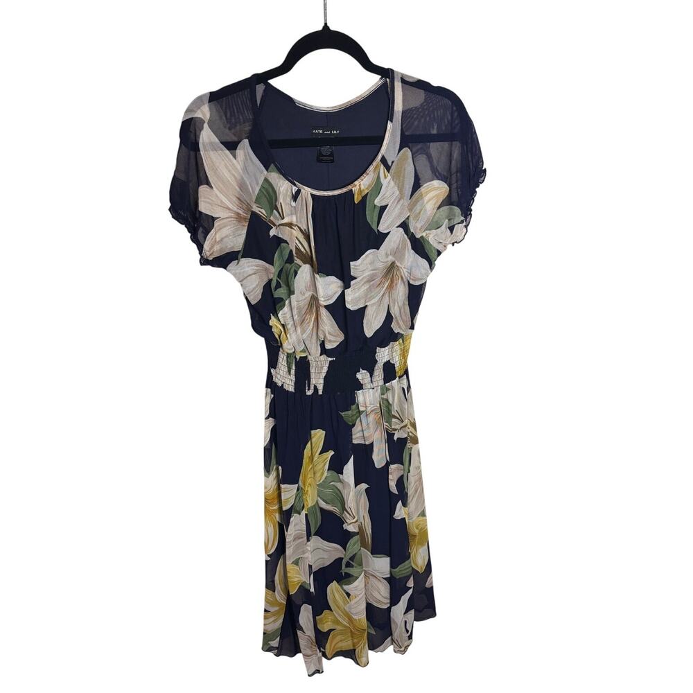 Kate & Lily Navy Floral Smocked Waist Midi Dress Size 10 Boho Spring